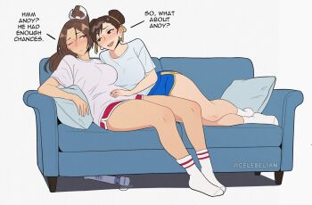 artist_name blush breasts capcom celebelian chun-li couch couple fatal_fury full_body hitachi_magic_wand large_breasts long_hair sex_toy shiranui_mai shirt short_hair shorts simple_background smile street_fighter thick_thighs thighs twitter_username vibrator white_background yuri