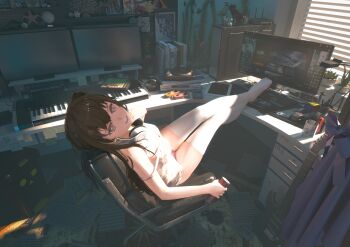 1girl 3d absurdres at_computer brown_hair can chair chemise computer computer_keyboard computer_mouse desk drink_can electric_guitar feet_on_table from_side girls&#039;_frontline girls&#039;_frontline_2:_exilium grey_eyes guitar highres holding holding_can instrument k2_(girls&#039;_frontline) kana_kana_(qq1414933589) keyboard_(instrument) legs long_hair looking_at_viewer monitor multiple_monitors office_chair open_mouth panties smile solo strap_slip swivel_chair synthesizer tablet_pc teeth thighhighs thighs underwear upper_teeth_only white_thighhighs