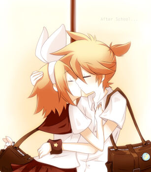 1boy 1girl artist_name badge bag bag_charm black_sailor_collar blonde_hair blush bow bow_hairband brown_bag brown_skirt button_badge charm_(object) closed_eyes english_text hair_bow hairband hand_on_another's_chest hetero imminent_kiss kagamine_len kagamine_rin kiss medium_hair nihellie ponytail sailor_collar school_uniform shirt short_hair short_ponytail shoulder_bag skirt third-party_source vocaloid white_bow white_hairband white_shirt