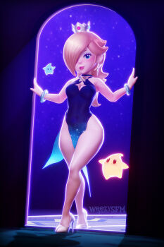 1girl 3d blonde_hair blue_dress blue_eyes blush bracelet breasts cleavage crown dress ear_piercing earrings female_focus full_body hair_over_one_eye high_heels jewelry legs lips long_hair looking_up luma_(mario) mario_(series) nintendo pelvic_curtain piercing rosalina rosalina_(aurora) solo_focus star_(symbol) star_earrings thighs wide_hips woozysfm