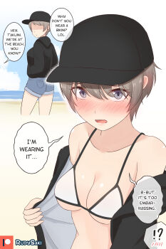 !? 1girl absurdres artist_name baseball_cap bikini black_hoodie blue_shorts blush breasts commentary english_commentary english_text genderswap genderswap_(mtf) grey_eyes grey_hair hat highres hood hoodie medium_breasts ocean open_mouth original patreon_logo rudy_saki shore short_hair shorts solo speech_bubble swimsuit tomboy white_bikini