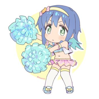 Rule 34 | 1girl, :<, alternate costume, aqua hair, artist name, blue hair, chibi, chibi only, colored inner hair, commentary, crop top, full body, green eyes, hair between eyes, hairband, highres, holding, holding pom poms, long hair, matado (almukha), midriff, miniskirt, multicolored hair, navel, onii-chan wa oshimai!, pink skirt, pom pom (cheerleading), pom poms, serious, simple background, skirt, sleeveless, solo, standing, tenkawa nayuta, thighhighs, twitter username, two-tone hair, watermark, white thighhighs, yellow hairband, zettai ryouiki