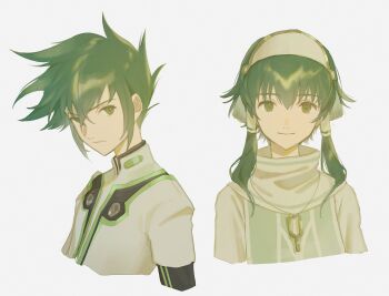 Rule 34 | 2boys, :|, bishounen, closed mouth, collared jacket, commentary request, cropped torso, fujie xy, green eyes, green hair, hair behind ear, hair between eyes, hair intakes, hair tubes, highres, ion (tales), jacket, jewelry, looking at viewer, looking to the side, male focus, multicolored clothes, multiple boys, necklace, robe, sideways glance, simple background, smile, sync (tales), tales of (series), tales of the abyss, white background, white robe