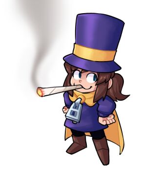 1girl :3 a_hat_in_time blue_eyes boots brown_boots brown_hair cape child doobie_ralsei_(meme) full_body hands_on_own_hips hannesfkr hat hat_kid hat_ribbon jacket joint_(drug) long_sleeves looking_to_the_side medium_hair meme ponytail purple_hat purple_jacket ribbon sidelocks simple_background smoke smoke_trail solo standing top_hat transparent_background yellow_cape yellow_ribbon zipper zipper_pull_tab