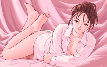 Rule 34 | 1990s (style), 1girl, archived source, artist name, bare legs, barefoot, bed sheet, bottomless, breasts, brown eyes, brown hair, character request, commentary request, copyright request, crossed arms, curtains, dithering, elbow rest, feet up, full body, hairstyle request, long sleeves, looking at viewer, lying, medium breasts, naked shirt, narrowed eyes, on bed, on side, on stomach, open clothes, open shirt, parted lips, pc-98 (style), pink theme, pixel art, retro artstyle, shirt, sideboob, signature, smile, soles, solo, teiku (take), the pose, toes, white shirt, wing collar