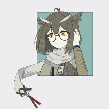 1girl ahoge arknights arm_up black-framed_eyewear border brown_hair closed_mouth commentary cropped_torso glasses grey_border grey_scarf hair_between_eyes hand_in_own_hair highres lamp_(user_rshv2542) long_sleeves looking_to_the_side outside_border rhine_lab_logo ribbed_sleeves round_eyewear scarf short_hair silence_(arknights) solo symbol-only_commentary yellow_eyes