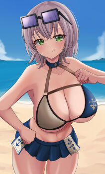 1girl absurdres beach bikini bikini_skirt black-framed_eyewear blue-tinted_eyewear blue_bikini blue_sky blush breasts cleavage closed_mouth cloud collarbone commentary_request cowboy_shot crossed_bangs day eyewear_on_head green_eyes grey_bikini grey_hair hair_between_eyes hand_on_own_hip hand_up highres hololive large_breasts looking_at_viewer multicolored_bikini navel ocean official_alternate_costume outdoors ramkilog shirogane_noel shirogane_noel_(summer_2020) short_hair sky smile solo sunglasses swimsuit thighs tinted_eyewear two-tone_bikini virtual_youtuber
