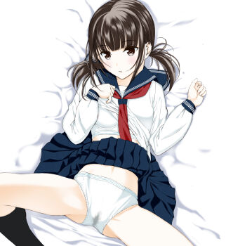 1girl black_hair blush breasts clothes_lift flat_chest lingerie loli moonsorrow original panties pussy_juice_stain school_uniform serafuku skirt skirt_lift small_breasts solo stained_panties tagme underwear wet wet_clothes wet_panties