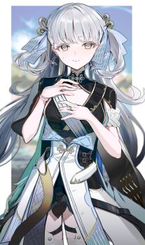 1girl black_dress blue_bow blurry blurry_background border bow breasts closed_mouth coat commentary_request dress earrings fingernails grey_eyes hair_bow hair_rings hands_up highres jewelry jinhsi_(wuthering_waves) kawachi_rin long_hair looking_at_viewer medium_breasts mole mole_on_cheek smile solo thighs white_border white_coat white_hair wuthering_waves