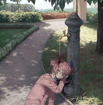 1girl alicejoza arm_up asymmetrical_bangs blood blood_drip blood_drop blood_in_hair blood_on_clothes blood_on_face blush brick bush buttons cardigan closed_mouth collared_shirt commentary dappled_sunlight day drinking_fountain earrings english_commentary eyepatch fang faucet from_above grass hair_bobbles hair_ornament half-closed_eyes head_on_hand highres horizon jewelry light_smile long_sleeves looking_at_viewer lying medium_hair on_floor original outdoors path pink_cardigan pink_hair red_eyes road shadow shirt short_twintails sidewalk sky solo star_(symbol) star_earrings sunlight tree twintails upper_body water water_drop white_shirt