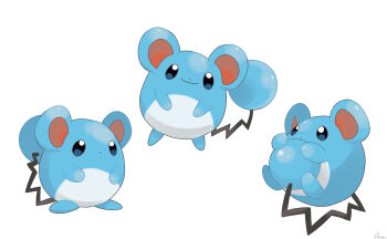 absurdres bright_pupils closed_mouth commentary_request dot_mouth full_body gen_2_pokemon highres hugging_own_tail hugging_tail marill nintendo no_humans ouran pokemon pokemon_(creature) simple_background smile standing tail white_background white_pupils