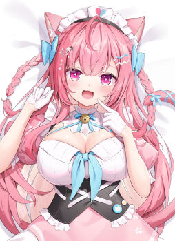 1girl absurdres ahoge animal_ears badge bed_sheet bell blue_bow blue_ribbon blush bow braid breasts button_badge cat_ears cat_girl cat_hair_ornament cat_tail cleavage commentary dress fanged_bangs gloves hair_bow hair_ornament hairclip hashtag-only_commentary heart heart_print highres indie_virtual_youtuber jingle_bell kag_tsukimi large_breasts long_hair looking_at_viewer lying maid maid_headdress neck_bell neck_ribbon on_back open_mouth paw_print pink_dress pink_eyes pink_hair pink_tail ribbon short_sleeves smile solo star_(symbol) star_hair_ornament suspenders tail tail_ornament tail_ribbon two_side_up underbust virtual_youtuber white_dress white_gloves yuuki_sakuna yuuki_sakuna_(3rd_costume)