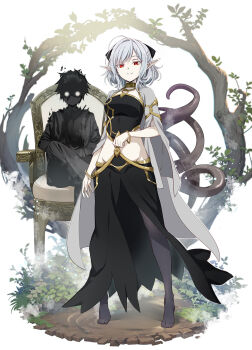 Rule 34 | 1boy, 1girl, atou (isekai mokushiroku mynoghra), black pantyhose, breasts, character request, cloak, clothing cutout, grey hair, highres, ira takuto, isekai mokushiroku mynoghra, long hair, medium breasts, nyoro (nyoronyoro000), pantyhose, pointy ears, red eyes, standing, stomach cutout, tentacles