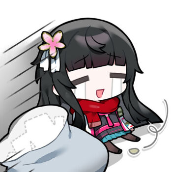 Rule 34 | 1girl, artist request, bag, black hair, chibi, chibi only, crying, girls' frontline, girls' frontline 2: exilium, gloom (expression), hair ornament, lowres, official art, red scarf, sakura (girls' frontline 2), scarf, second-party source, sitting, solo, streaming tears, tears, type 100 (girls' frontline)