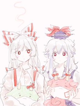 Rule 34 | 2girls, bow, creature, ex-keine, fujiwara no mokou, hair bow, hat, highres, holding, holding creature, horn bow, horn ornament, horns, kamishirasawa keine, long hair, long sleeves, looking to the side, multiple girls, red eyes, seiryo0425, short sleeves, sukusuku hakutaku, suspenders, touhou, white hair