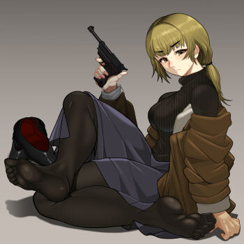 1girl absurdres black_pantyhose black_shoes black_sweater blonde_hair bomber_jacket breasts brown_jacket closed_mouth commentary_request fear_&amp;_hunger_(series) fear_&amp;_hunger_2:_termina feet finger_on_trigger from_side full_body gradient_background grey_background gun hair_tie handgun highres holding holding_gun holding_weapon jacket karin_(fear_&amp;_hunger) large_breasts large_variant_set looking_at_viewer minami_no_uo-za no_shoes off_shoulder open_clothes open_jacket pantyhose ponytail purple_skirt shoes sitting skirt soles solo sweat sweater toes unworn_shoes variant_set walther walther_p38 weapon yellow_eyes