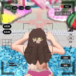 1girl all_fours animated ass ass_focus bikini brown_hair flower hair_flower hair_ornament long_hair mole original pool recording ryokucha_michi solo_focus swimsuit tagme video water wet