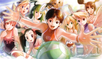 Rule 34 | 6+girls, ball, beachball, beat (mega man), bikini, breath of fire, breath of fire iv, capcom, clothes writing, company connection, crossover, dark-skinned female, dark skin, elena (street fighter), everyone, happy, head wings, highres, june lin milliam, justice gakuen, karuizawa momo, kasugano sakura, lilith (darkstalkers), mega man (classic), mega man (series), moero! justice gakuen, morrigan aensland, multiple crossover, multiple girls, nina (breath of fire iv), non-humanoid robot, robot, robot animal, roll (mega man), star gladiator, street fighter, swimsuit, tiffany lords, twintails, darkstalkers, wings