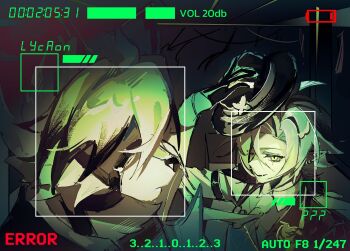 2boys animal_ears arm_out_of_sleeve arm_up battery_indicator bicep_strap black_coat black_gloves black_hat blonde_hair bloodys29948431 body_fur character_name closed_mouth coat collared_vest commentary earrings error_message fang furry furry_male gloves half_gloves hat highres holding holding_unworn_clothes holding_unworn_hat hugo_vlad jewelry lapel_pin long_hair male_focus mole mole_under_eye multiple_boys muzzle_(mask) necktie one_eye_closed open_mouth pointy_ears shirt symbol-only_commentary unworn_hat unworn_headwear upper_body user_interface vest von_lycaon white_fur white_hair wolf_boy wolf_ears zenless_zone_zero