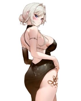 black_dress blonde_hair blue_eyes blush braid butterfly_hair_ornament closed_mouth dress elbow_gloves gloves hair_bun hair_intakes hair_ornament hairclip highres looking_at_viewer looking_back mn374390 phase_connect pout sidelocks virtual_youtuber white_background wilhelmina_frost