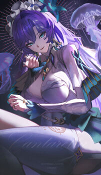 1girl artist_name blue_eyes blue_flower breasts cantarella_(wuthering_waves) character_name cherre chromatic_aberration closed_mouth commentary commentary_request dress earrings english_commentary facial_mark flower hair_flower hair_ornament hand_up headdress highres jellyfish jewelry large_breasts looking_at_viewer mark_under_eye mixed-language_commentary nail_polish purple_nails shrug_(clothing) single_thighhigh smile solo thighhighs thighs white_dress white_shrug white_thighhighs wuthering_waves