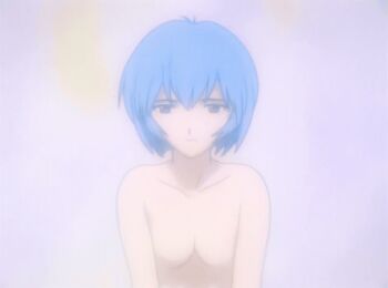 Rule 34 | 1girl, animated, animated gif, anime screenshot, ayanami rei, blue hair, collarbone, looking at viewer, neon genesis evangelion, nude, red eyes, short hair, smile, solo