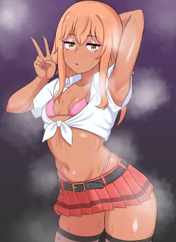 1girl amesuku_gyaru arm_up armpits belt bikini black_belt black_thighhighs breasts brown_eyes brown_hair collarbone collared_shirt cowboy_shot eyeshadow gradient_background grey_background gyaru hair_between_eyes hand_up highleg highleg_bikini highres jitome kogal long_hair looking_at_viewer makeup microskirt midriff moratorium24yo navel open_mouth original pink_bikini pink_lips pleated_skirt presenting_armpit purple_background red_skirt shirt sidelocks skindentation skirt small_breasts solo steaming_body stomach sweat sweatdrop swimsuit tan thighhighs thighs tied_shirt v
