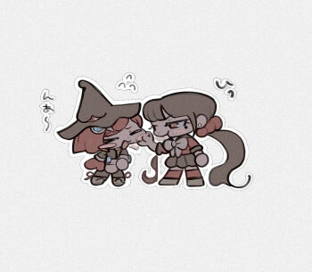 Rule 34 | 2girls, anger vein, annoyed, black hat, black jacket, black pantyhose, black sailor collar, black skirt, blazer, blue gemstone, blunt bangs, blush stickers, boots, bow, bowtie, brown eyes, brown footwear, brown hair, cheek pinching, chibi, closed eyes, commentary, danganronpa (series), danganronpa v3: killing harmony, earrings, eyelashes, flying sweatdrops, footwear ribbon, furrowed brow, gem, gem hair ornament, grey background, hair ornament, hair spread out, hairclip, harukawa maki, hat, jacket, jewelry, long hair, long sleeves, looking at another, low twintails, miniskirt, mole, mole under eye, morning (d0nteat), multiple girls, open clothes, open jacket, orange vest, outline, pantyhose, pinching, pleated skirt, pointy footwear, pout, red ribbon, red shirt, red skirt, red thighhighs, ribbon, sailor collar, school uniform, serafuku, shirt, shoes, simple background, skirt, three-quarter sleeves, standing, stud earrings, thighhighs, twintails, v-shaped eyebrows, very long hair, vest, white bow, white bowtie, white outline, witch hat, yumeno himiko