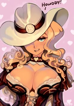 Rule 34 | 1girl, bad id, bad twitter id, blonde hair, blue eyes, breasts, choker, cleavage, cleavage cutout, clothing cutout, commentary, corset, covered erect nipples, cowboy bebop, cowboy hat, curly hair, english commentary, english text, epaulettes, female focus, hand on own hip, hat, hat over one eye, heart, heart background, heart choker, judy (cowboy bebop), lace trim, large breasts, long hair, looking at viewer, no bra, optionaltypo, solo