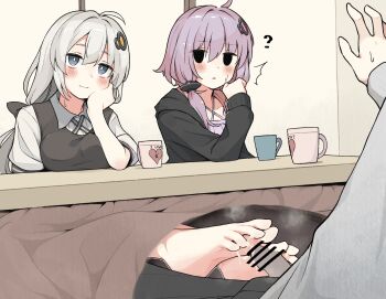 2girls ? barefoot black_eyes blue_eyes blush cum feet footjob grey_hair herutsu_(hz84997592) highres kizuna_akari kotatsu long_hair looking_at_another multiple_girls parted_lips purple_hair smile soles steam table toes under_kotatsu under_table vocaloid voiceroid yuzuki_yukari