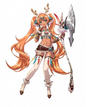 1girl animal_ears antlers armlet axe bare_shoulders battle_axe belt blue_feathers blush boots braid braided_sidelocks breasts bridal_gauntlets brown_bridal_gauntlets buckle cleavage cropped_shirt dark_skin deer_antlers earrings feather_trim feathers full_body fur-trimmed_boots fur-trimmed_skirt fur_trim game_cg green_eyes hair_between_eyes headscarf holding holding_axe holding_weapon horns jewelry langrisser langrisser_mobile langrisser_re:incarnation long_hair long_sidelocks looking_at_viewer miniskirt multiple_belts navel official_art open_mouth orange_hair polyal_(langrisser) red_feathers sidelocks simple_background skirt small_breasts smile solo standing stomach tachi-e tassel thighhighs third-party_source transparent_background tribal twintails very_long_hair weapon white_thighhighs yellow_feathers zettai_ryouiki
