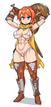 Rule 34 | 1girl, :o, abs, armpits, arms up, bikini, blue eyes, boots, breasts, brown boots, cape, commentary, dovahkiin, dovakini-chan (nisetanaka), english commentary, female pubic hair, holding, holding shield, holding sword, holding weapon, large breasts, muscular, muscular female, navel, nisetanaka, orange hair, ponytail, pubic hair, shield, simple background, solo, standing, stomach, string bikini, swimsuit, sword, the elder scrolls, the elder scrolls v: skyrim, thigh boots, weapon, white background, white bikini, yellow cape