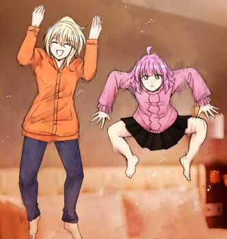 Rule 34 | 2girls, :d, :o, ^ ^, ahoge, arms up, barefoot, black skirt, blonde hair, blue pants, blunt bangs, cardigan, closed eyes, commentary request, highres, jumping on bed, kishimen hair, long sleeves, love live!, love live! nijigasaki high school idol club, medium hair, meme, miniskirt, miyashita ai, multiple girls, open mouth, orange cardigan, pants, pink hair, pink sweater, pleated skirt, ponytail, sidelocks, skirt, smile, sweater, tennoji rina, typeakiha73, yellow eyes, youkai gyaru (meme)