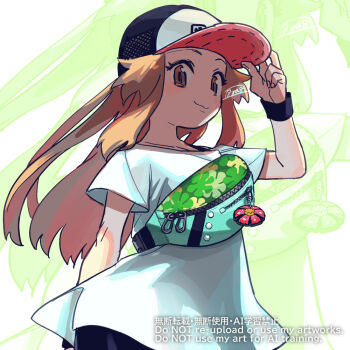 1girl baseball_cap black_shorts brown_eyes brown_hair closed_mouth eyelashes fanny_pack hair_flaps hand_on_headwear hand_up haraya hat leaf_(pokemon) long_hair mixed-language_commentary nintendo pokemon pokemon_masters_ex shirt short_sleeves shorts sidelocks smile solo watermark wristband zipper zipper_pull_tab