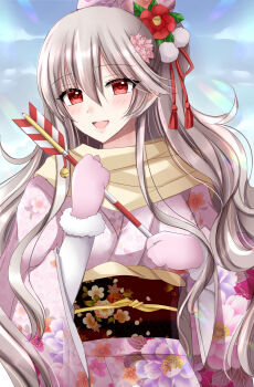 Rule 34 | 1girl, alternate costume, alternate hairstyle, arrow (projectile), breasts, commentary request, eyelashes, female corrin (fire emblem), fire emblem, fire emblem fates, floral print, floral print kimono, flower, gloves, grey hair, hair flower, hair ornament, highres, japanese clothes, kimono, kirishima riona, long hair, looking at viewer, medium breasts, new year, nintendo, open mouth, pink gloves, pink kimono, ponytail, print kimono, red eyes, red flower, red pupils, smile, solo
