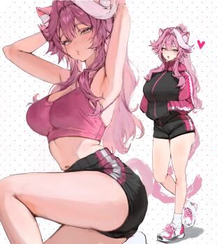 1girl animal_ears armpits arms_up ass black_jacket black_shorts blush breasts commentary english_commentary fangs hair_intakes hands_in_pockets highres hololive hololive_english jacket kuu_wii large_breasts long_hair long_sleeves looking_at_viewer multicolored_hair multicolored_jacket multiple_views navel open_mouth panther_ears panther_girl panther_tail pink_hair pink_jacket pink_shorts pink_sports_bra pink_tail polka_dot polka_dot_background puckered_lips raora_panthera shoes shorts smile sneakers socks solo_focus sports_bra stomach streaked_hair sweat tail teeth thighs two-tone_hair two-tone_jacket two-tone_shorts virtual_youtuber white_background white_shoes white_socks