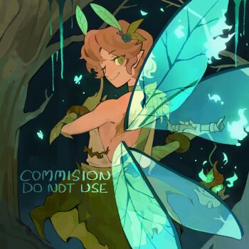 1girl androgynous antennae blue_flower botttttt brown_hair commission dress fairy flower from_behind gloves glowing glowing_wings green_dress green_eyes green_gloves hair_flower hair_ornament highres insect_wings looking_at_viewer mihuashi_commission one_eye_closed original outdoors pointy_ears short_hair solo tree watermark wings