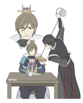 2boys absurdres arm_behind_back black_coat black_gloves black_hair black_pantyhose brown_eyes brown_hair chinese_hairpin coat fingerless_gloves gloves guo_jia_(shin_sangoku_musou) hair_between_eyes hair_over_eyes highres igusaharu male_focus multiple_boys own_hands_together pantyhose popped_collar pouring shin_sangoku_musou shin_sangoku_musou_origins short_hair single_shoulder_pad sitting spilling twitter_username wet wet_hair white_background ziluan_(shin_sangoku_musou)