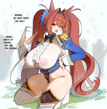 1girl absurdres animal_ears black_bow black_bowtie black_thighhighs blue_jacket boots bow bowtie breasts brown_hair brown_tail bullxon center_frills daiwa_scarlet_(peak_blue)_(umamusume) daiwa_scarlet_(umamusume) english_text epaulettes fang fanning_self frills hair_intakes hair_ornament hair_ribbon hand_on_own_hip highres horse_ears horse_girl horse_tail huge_breasts jacket juliet_sleeves kneeling leotard long_hair long_sleeves nipples open_mouth puffy_sleeves red_eyes red_ribbon ribbon see-through_clothes shirt skin_fang solo steaming_body sweat tail thigh_boots thighhighs thighs tiara twintails umamusume very_long_hair white_boots white_shirt