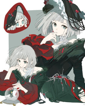 1girl :d absurdres bare_shoulders black_dress black_hat blue_eyes blunt_bangs blunt_ends bob_cut border chibi chibi_inset dress grey_background grey_hair hashtag-only_commentary hat highres juliet_sleeves long_dress long_sleeves looking_at_object lying mercuria_(reverse:1999) multiple_views off-shoulder_dress off_shoulder official_alternate_costume on_side open_mouth outside_border puffy_sleeves reverse:1999 short_hair smile snow_globe white_border youzhiyuan