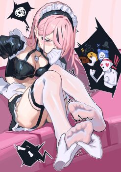 absurdres black_skirt blush breasts cleavage commentary couch english_commentary feet foot_massage frilled_skirt frills garter_straps gloves halterneck hand_on_own_face highres hololive hololive_english jewelry large_breasts maid maid_headdress midriff mori_calliope necklace old_metal_666 on_couch pink_hair sitting skirt skull_necklace sweat thighhighs virtual_youtuber white_gloves white_thighhighs