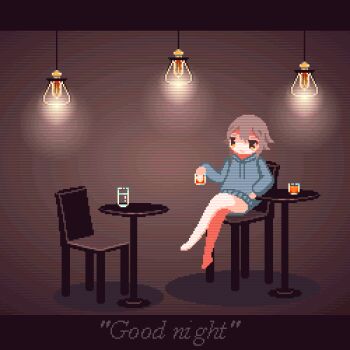 1girl animated animated_gif bare_legs barefoot brown_hair chair cup drawstring drinking english_text female_focus hood hoodie ice ice_cube looping_animation lowres original pixel_art short_hair sidelocks sitting solo sotie swinging_legs table