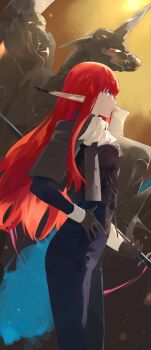 1girl ascot barding black_capelet black_corset black_gloves black_pants blue_eyes breasts capelet commentary corset cowboy_shot gloves hand_on_own_hip highres holding holding_weapon hulkenberg_(metaphor:_refantazio) konchi_(63438789) long_hair looking_to_the_side metaphor:_refantazio pants pointy_ears red_hair solo standing very_long_hair weapon white_ascot