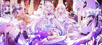 6+girls absurdres blue_eyes breasts cake cake_slice cleavage commentary_request cyrene_(aedes_elysiae)_(honkai:_star_rail) cyrene_(honkai:_star_rail) cyrene_(ripples_of_past_reverie)_(honkai:_star_rail) diamond-shaped_pupils diamond_(shape) elf elf_elysia elysia_(herrscher_of_human:_ego)_(honkai_impact) elysia_(honkai_impact) elysia_(miss_pink)_(honkai_impact) elysia_(miss_pink_elf)_(honkai_impact) falkenhayn_mercenary_leader_(zenless_zone_zero) food halo highres honkai:_star_rail honkai_(series) honkai_impact_3rd korean_commentary large_breasts long_hair maid medium_hair mem_(honkai:_star_rail) mihoyo multiple_girls official_alternate_costume pink_eyes pink_hair pointy_ears purple_eyes short_hair sparrow4193941 symbol-shaped_pupils very_long_hair zenless_zone_zero