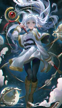 1girl artist_name belt black_belt black_pantyhose blue_outline boots brown_boots character_name cloud cookie052070521 copyright_notice dress earrings elf floating floating_earrings floating_hair frieren full_body gem globe green_eyes hair_intakes hashtag-only_commentary highres holding holding_staff jewelry levitation long_hair long_sleeves looking_at_viewer mage_staff outline pantyhose parted_bangs parted_lips planet pointy_ears red_gemstone shirt solo sousou_no_frieren space staff striped_clothes striped_shirt thick_eyebrows twintails white_dress white_hair white_sleeves