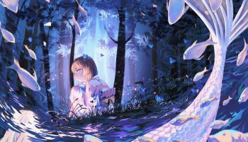 1girl absurdres artist_name blonde_hair bob_cut bug butterfly commentary dated english_commentary fish floral_print floral_print_kimono forest from_behind grass grey_eyes highres insect japanese_clothes kimono legs_together legs_up long_sleeves looking_at_viewer mermaid monster_girl nature original outdoors parted_lips pink_kimono print_kimono short_hair sitting solo_focus teardrops_(user_vgvd7733) tree turning_head wide_shot wide_sleeves