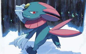 Rule 34 | blue fur, claws, closed mouth, fangs, feathers, forehead jewel, gen 4 pokemon, multiple tails, nintendo, no humans, pokemon, pokemon (creature), red eyes, red feathers, sakuraiisui, tail, two tails, weavile