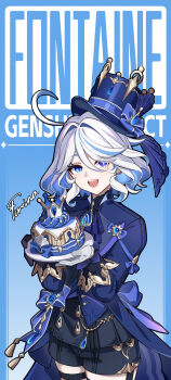 &quot;pour_la_justice&quot;_(genshin_impact) 1girl :d absurdres ahoge black_shorts blue_background blue_eyes blue_hair blue_hat blue_jacket cake character_name colored_inner_hair commentary_request cowboy_shot food furina_(genshin_impact) genshin_impact gloves hat highres holding holding_plate jacket long_sleeves looking_at_viewer man_ge multicolored_hair open_mouth plate short_hair shorts smile solo standing top_hat white_gloves white_hair