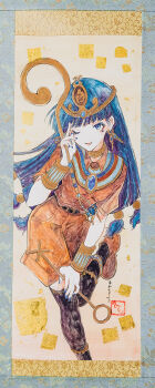 1girl ;p belt belt_buckle black_belt black_thighhighs blue_eyes blue_hair blue_nails blunt_bangs bracelet brown_shirt brown_shorts buckle collared_shirt commentary_request earrings fine_art_parody fingernails hair_behind_ear highres hisona_(suaritesumi) holding holding_scepter jewelry key_earrings long_hair looking_at_viewer michigami_nareko nail_polish nihonga one_eye_closed parody photo_(medium) scepter shirt short_sleeves shorts solo thighhighs tongue tongue_out touhou traditional_media usekh_collar