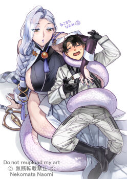 Rule 34 | 1boy, 1girl, bare shoulders, black gloves, black hair, black pantyhose, black shirt, blue lips, blush, braid, breasts, closed eyes, clothing cutout, commentary request, detached sleeves, earrings, eyeliner, fate/grand order, fate (series), fujimaru ritsuka (male), fujimaru ritsuka (male) (decisive battle chaldea uniform), gloves, hakama, hakama skirt, hebi nyoubou (fate), hebi nyoubou (first ascension) (fate), hip vent, jacket, japanese clothes, jewelry, lamia, large breasts, long hair, long sleeves, makeup, monster girl, nekomata naomi, open mouth, pants, pantyhose, shirt, short hair, skirt, sleeveless, sleeveless shirt, snake tail, tail, tassel, tassel earrings, white hair, white hakama, white jacket, white pants, yellow eyes